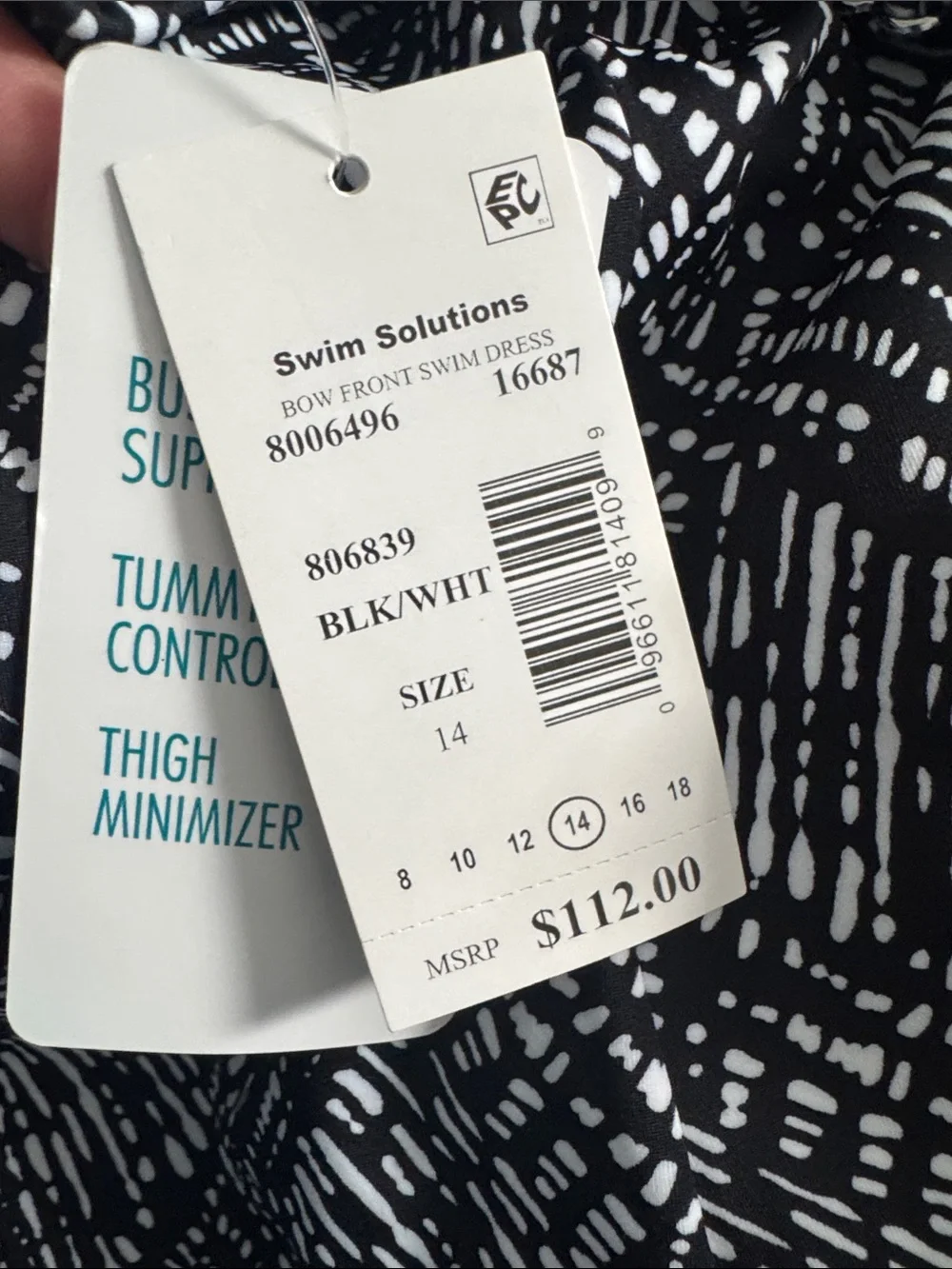 Swim Solutions Women's Abstract Bow Tie Front Swimdress Black/White NEW